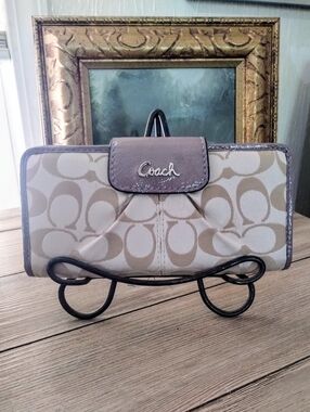Coach Ashley Signature Monogram Long Wallet In Purple & Khaki